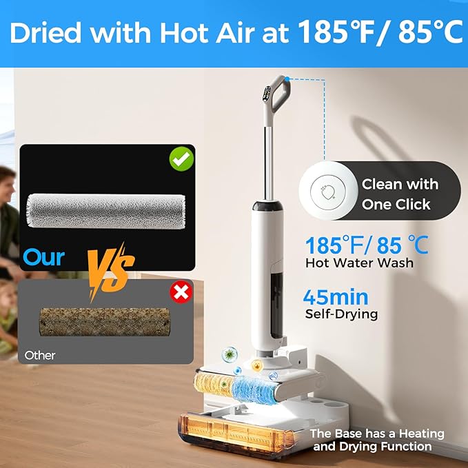 Cordless Wet Dry Vacuum Cleaner, 23KPa Vacuum Mop for Hard Floors, Up to 45 Min Runtime, 180° Lay-Flat Design with Hot Water Self-Cleaning & 185°F Hot Air Drying, Anti-Tangle Brush for Pet Hair