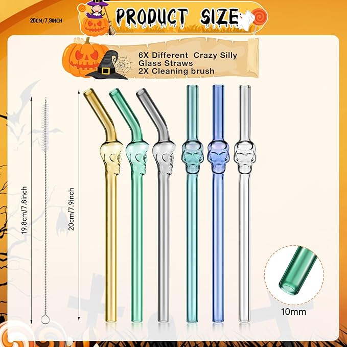 6 Pcs Skull Glass Straw Reusable Straws Shatter Resistant with 2 Cleaning Brushes Multicolor Clear High Borosilicate Glass Straws for Kids Adults Smoothies Juice (Skull, 8 Inch)