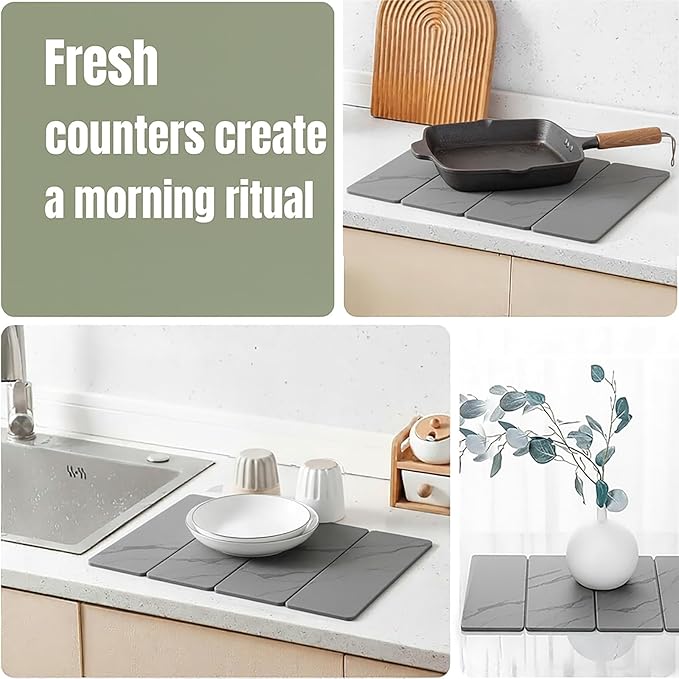 Large 4-Panel Stone Drying Mat for Kitchen Counter, 23"×16" – Fast Dry Diatomaceous Earth Dish Mat, Stable Hard Stone Pad for Dishes, Ice Maker & Air Fryer, Protects Premium Countertops