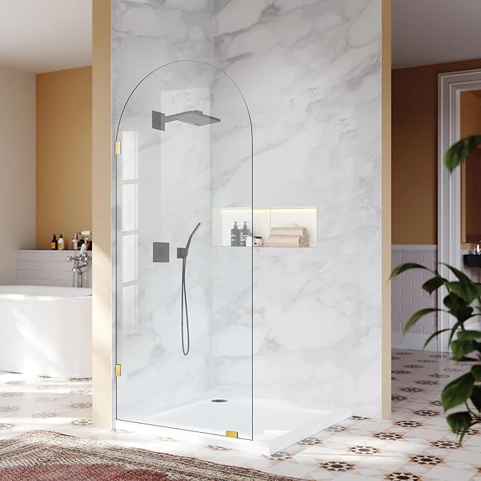Bathroom Glass Shower Door Panel, 30" W x 78" H Fixed Frameless Shower Doors with Clamps, 3/8"(10mm) Thick Clear Tempered Glass Shower Screen Single Panel for Walk in Shower (Brushed Gold)