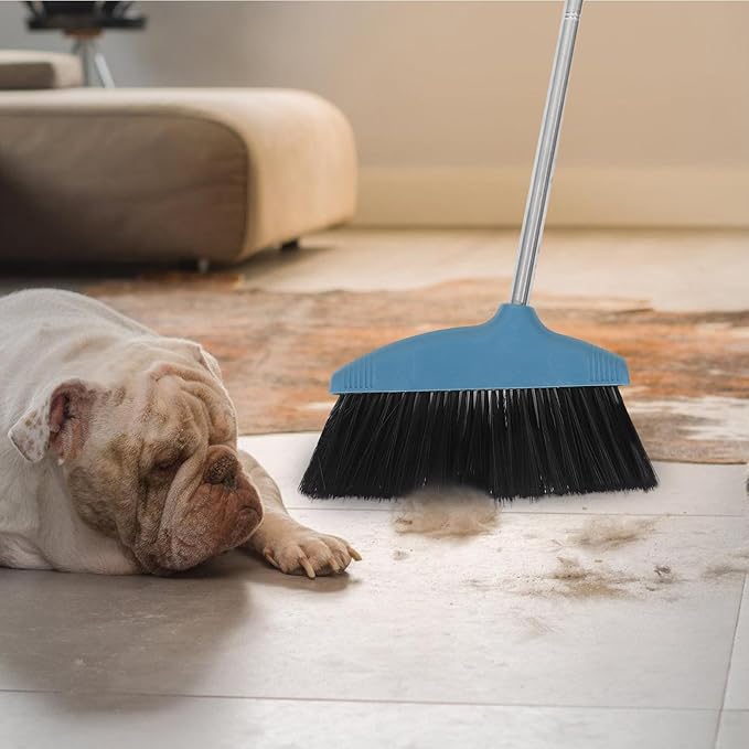 Soft Bristle Broom with Long Stainless Steel Handle, Indoor Outdoor Floor Sweeping Tool for Home Kitchen Office, Blue Non-Stick Hair Cleaning Household Sweeper