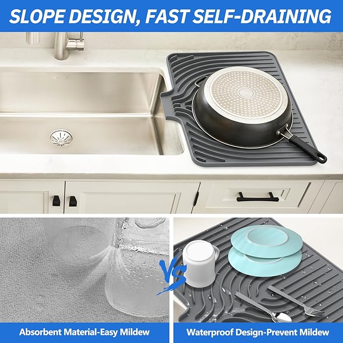 Silicone Dish Drying Mat for Kitchen Counter, 19.7" x 17.2" Large Drying Mat with Built-in Drain Lip, Heat Resistant Countertop Protector Pad, Fast Drying & Easy Clean, Grey