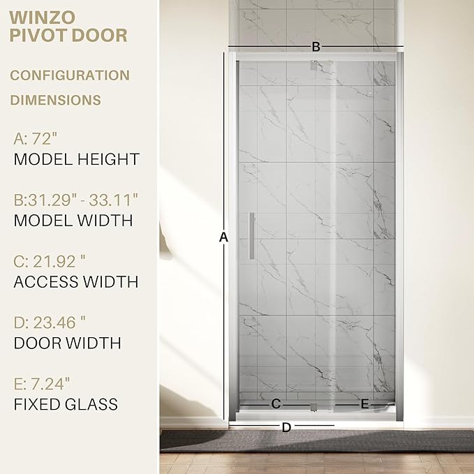 WinZo 31-32" W ×72" H Small Pivot Shower Door, 1/4"(6mm) SGCC Clear Glass Shower Door with Explosion Film, Nano Easy-Clean Coating, Reversible Installation, Brushed Nickel