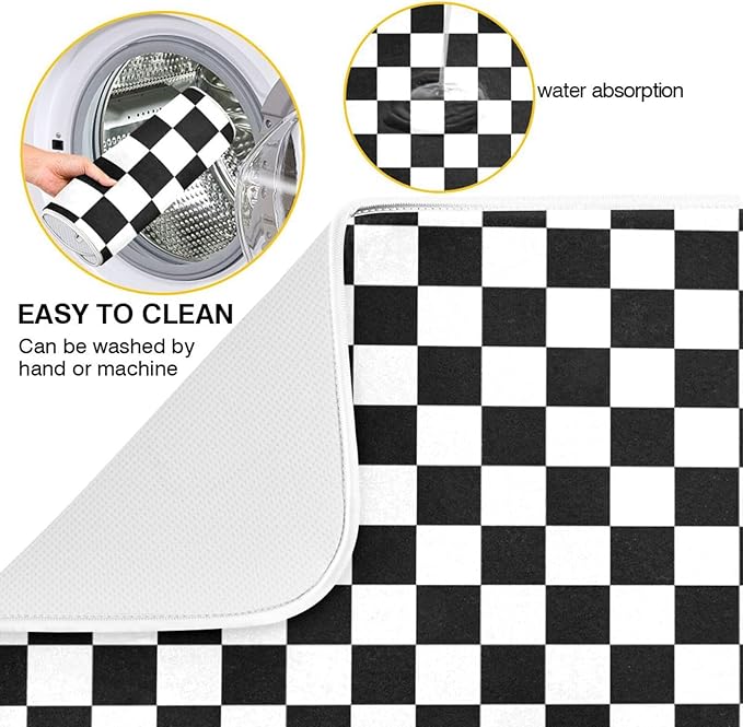 Black White Checkered Pattern Dish Drying Mat for Kitchen Counter Absorbent Microfiber Drying Pad, Large 18x24 in, Reversible Drainer Mats