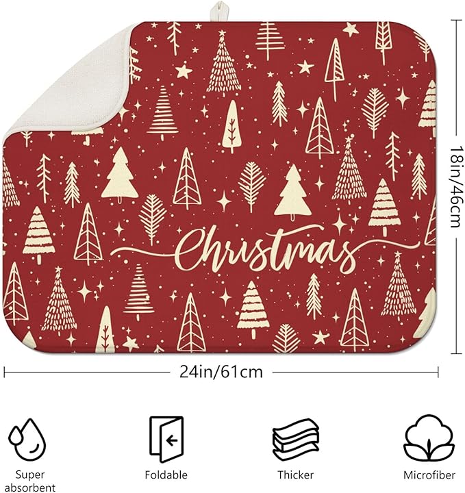 Christmas Kitchen Countertop Dish Drying Mat, Red Christmas Tree Snowflake Pattern Microfiber Kitchen Drying Mat, Washable Absorbent Countertop Xmas Winter Holiday Dish Mat Drainer,18x24Inch