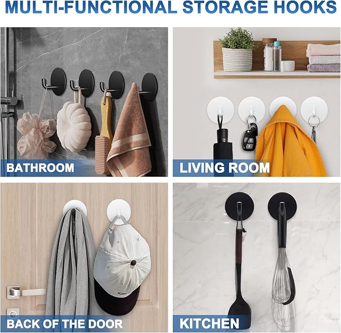 Adhesive Hooks for Bathrooms, 4 Piece Towel Hooks for Hanging Hat Robe Coat, Stick on Hooks for Kitchens, Strong Self-Adhesive No Damage Waterproof Stainless Steel Sticky Hook (White)