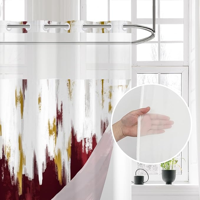 No Hook Shower Curtain with Snap in Liner, Hotel Style Burgundy Red White Gold Brush Strokes Art Modern Shower Curtain Waterpoof Washable with See Through Top Window,71"x86"