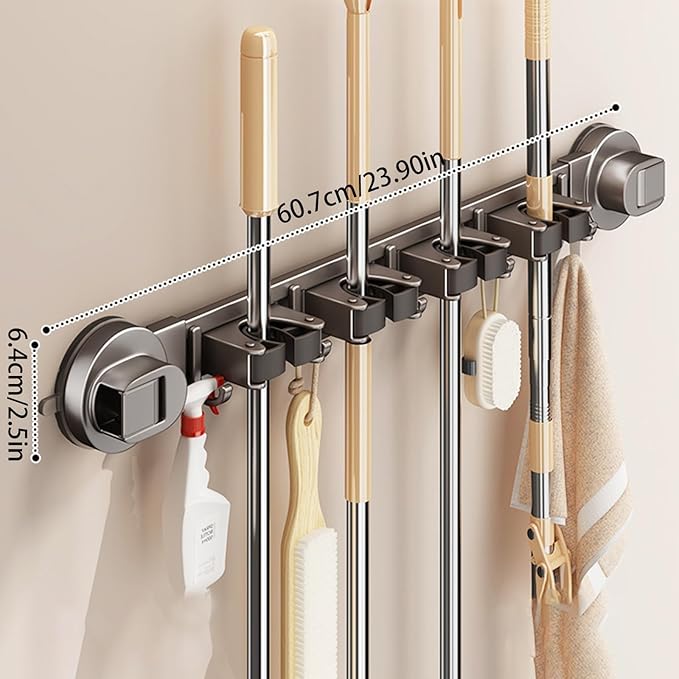 Wall-mounted Mop Holder for Bathrooms, Storage Rack Suitable for Bathrooms, Kitchens, Garages, Gardens, and Laundry Rooms (3 Clips & 4 Hooks/19.8in)