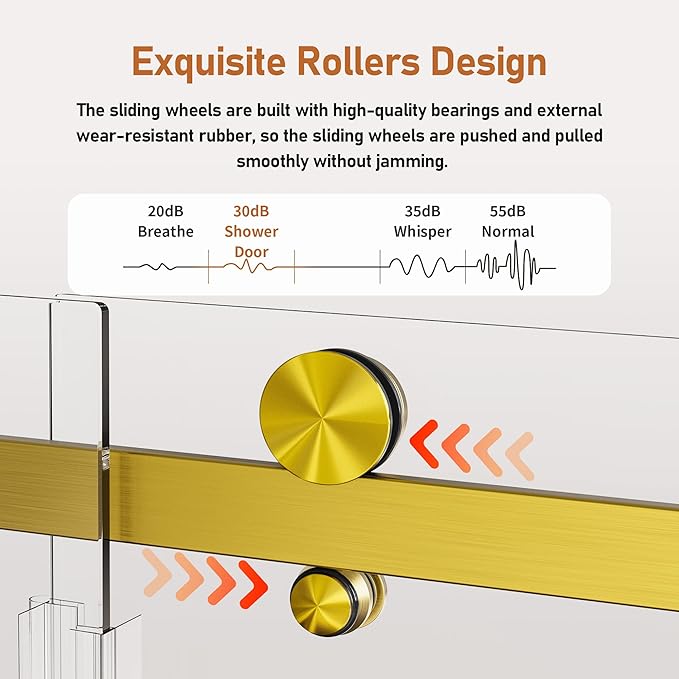 46-48 Inch Frameless Sliding Shower Door, 76" Height, 5/16" (8mm) Clear Tempered Glass, Smooth Gliding Track & Anti-Jumping System, Stainless Steel Brushed Gold Finish