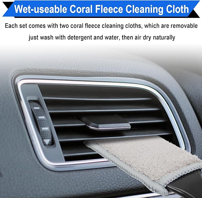2PCS Double Head Brush for Car Clean, Universal 2 in 1 Car Detailing Brush, Double Ended Portable Dust Brush with 4 Cleaning Cloth, for Air Conditioner Outlets, Dashboard Screen (Black)