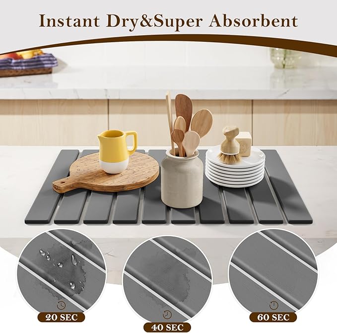 Stone Dish Drying Mats for Kitchen Counter-23.6“x 15.3”,Eco-Friendly,Foldable quick dry stone mat kitchen,Absorbent Diatomaceous Earth Mats for Dishes Bottles Cups Bathroom Any Countertop-Dark Gray