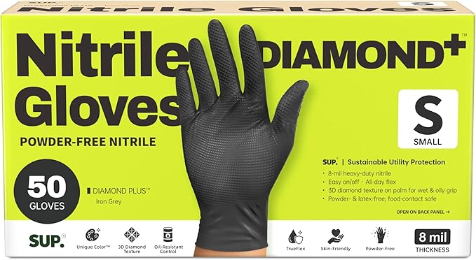SUPER+ HEAVY DUTY Nitrile Gloves 8 Mil Diamond Texture Disposable Chemical Resistant Powder &Latex Free Food Safe Black 50 Ct