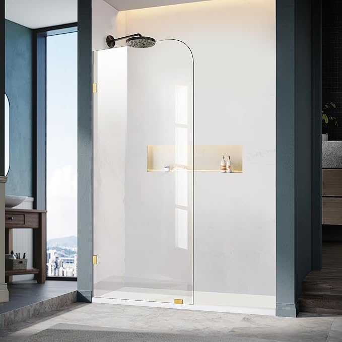 30" W ×78" H Shower Glass Panel, Frameless Fixed Glass Shower Panel with Clamps, 3/8"(10mm) Thick Clear Tempered Glass Shower Door, Bathroom Shower Screen in Brushed Gold