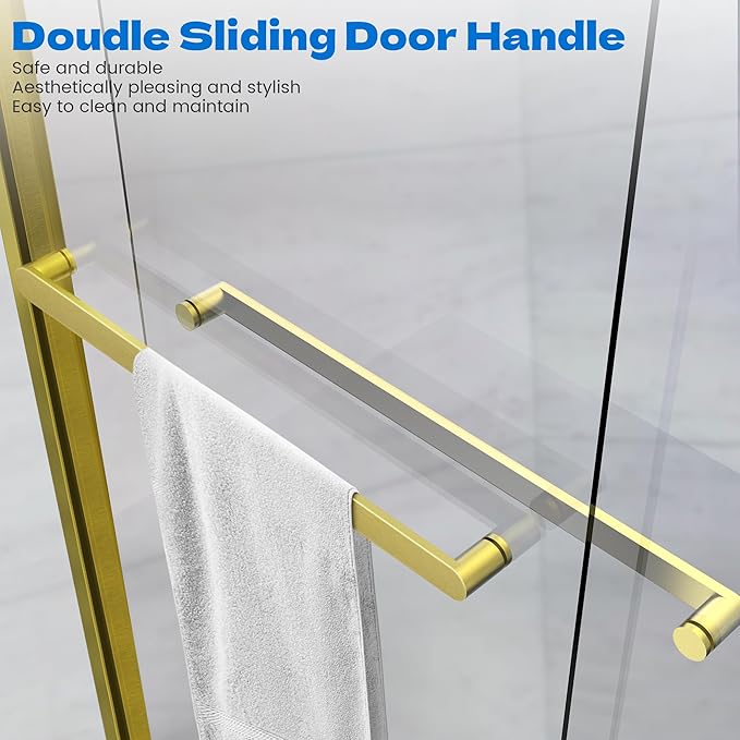 Sliding Shower Door, 60" W x 76" H Semi-Frameless Double Sliding Glass Shower Door with 5/16'' (8mm) Clear ASNI SGCC Tempered Glass, Bypass Shower Enclosure, Brushed Gold