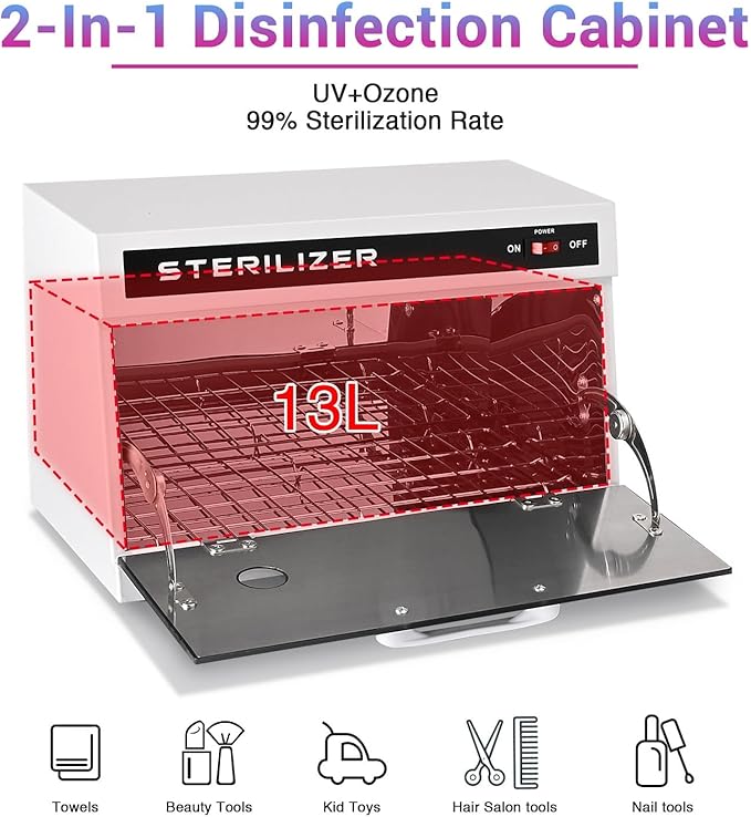 13L Nail Tool Cleaning Machine Cabinet 185 to 254 nm Blue Light Removable Rack & Viewing Window Towels Clean Case for Office Salon Barbershop Spa Equipment Home Metal Tools
