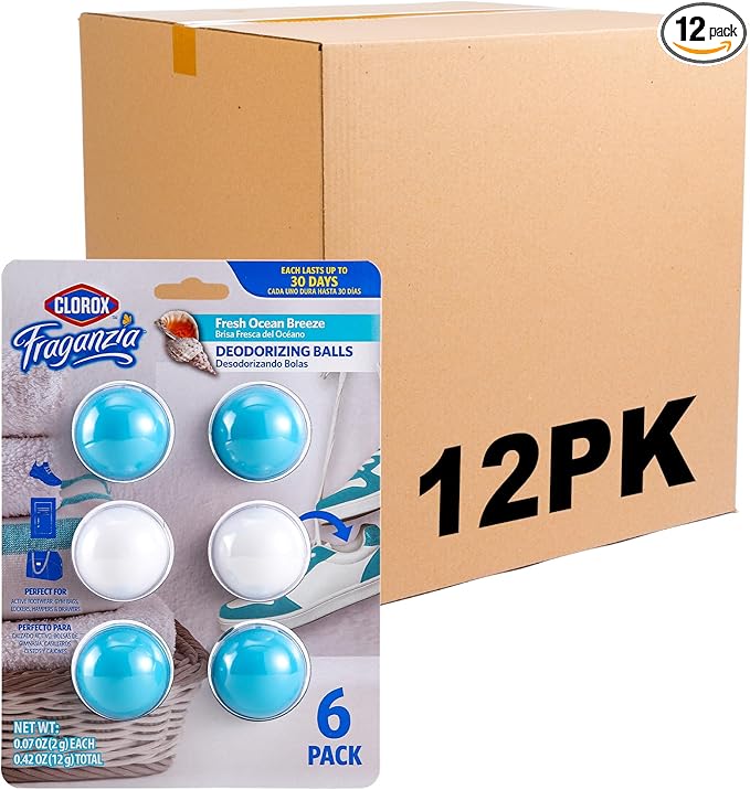 Clorox Fraganzia Deodorizing Balls for Shoes & Small Spaces, Battery-Free No-Plug Air Freshener Pods, Twist-to-Activate Odor Refresher for Gym Bags, Lockers & Drawers, Fresh Ocean Breeze, 6 Ct - 12 Pk