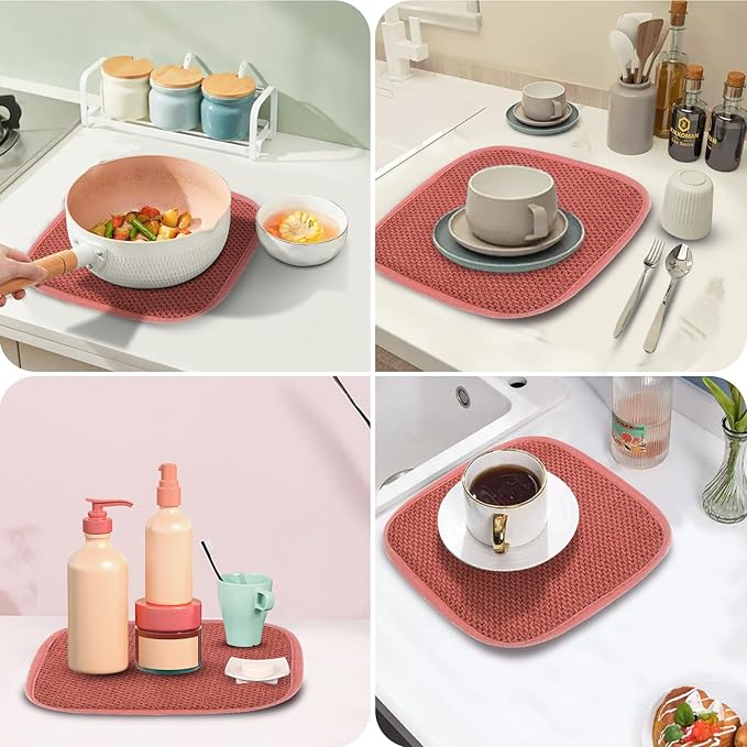 Microfiber Dish Drying Mat, Super Absorbent Kitchen Dish Drying Pad, Reversible for Countertop, 7*7 inch Red