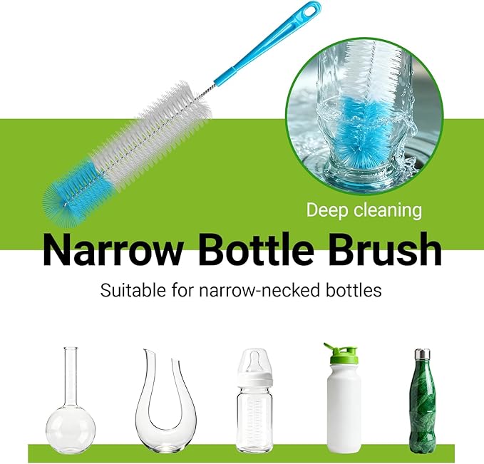 4-in-1 Bottle Brush, 16 Inches Stainless Steel Bottle Cleaner Brush with Long Handle Narrow Neck Bottle Brush, Straw Brush & Lid Brushe for Cleaning Wine Glasses,Coffee Mugs,Tumblers,Wine Decanters