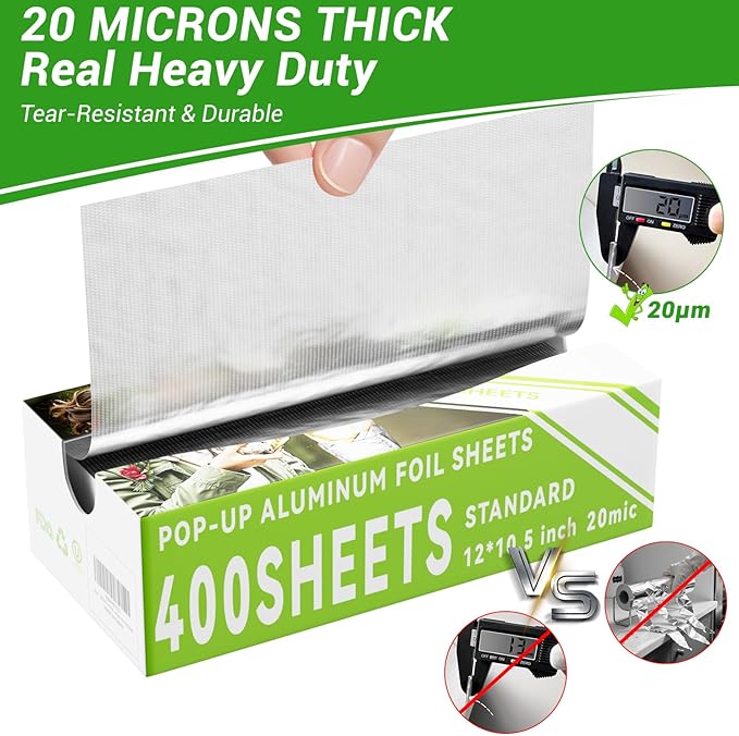 Aluminum Foil Sheets, 400 Count Tin foil,12" x 10.6" Pre-Cut Pop-Up Dispenser for Food Wrap, Hot Dog or Sandwich Wrap,Food Storage, Baking, Catering, Restaurant,Kitchen Use (Silver, 12 Inch)