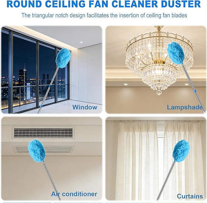 Ceiling Fan Cleaner Duster, Adjusts 16.3 to 62.6 Inch Cobweb Duster with Extension Pole, Fan Cleaning Brush, Fan Blade Cleaner, Suitable for Cleaning Walls, Window, Bookshelves, Door, Top (Blue)