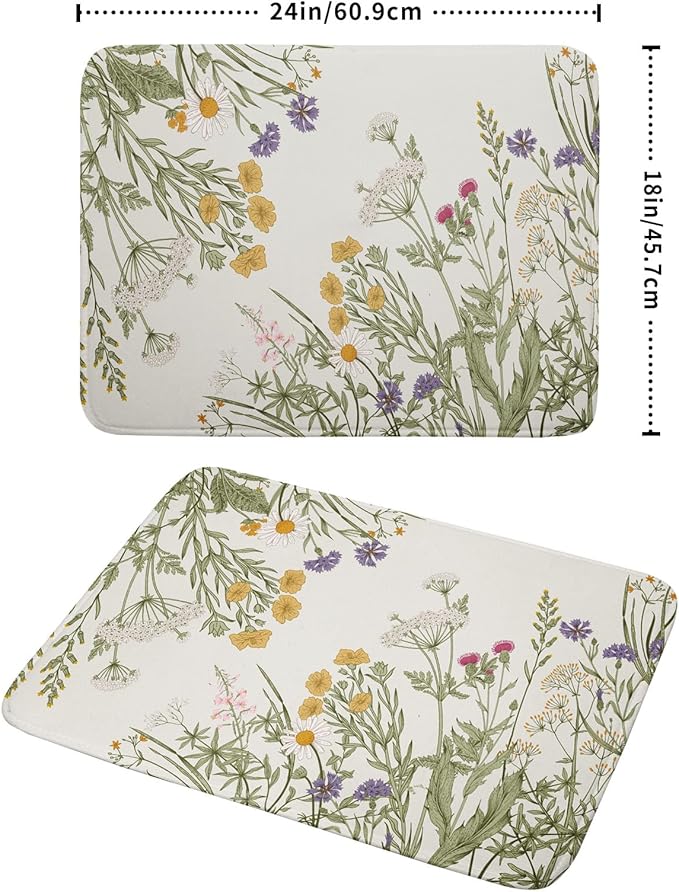 Khope Spring Dish Drying Mat for Kitchen Counter 18x24 Inch Sage Green Wild Flower Plant Reusable Washable Drying Pad Countertop Home Decor