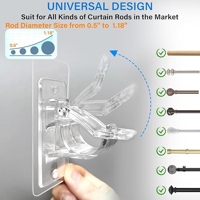 24-Pack No Drill Needed Curtain Rod Holders Brackets, Self Adhesive Rod Holder Hooks, Multipurpose Nail Free Stick on Curtain Rod Hooks, Curtain Hangers for Dorm, Bathroom, Bedroom, Livingroom Decor