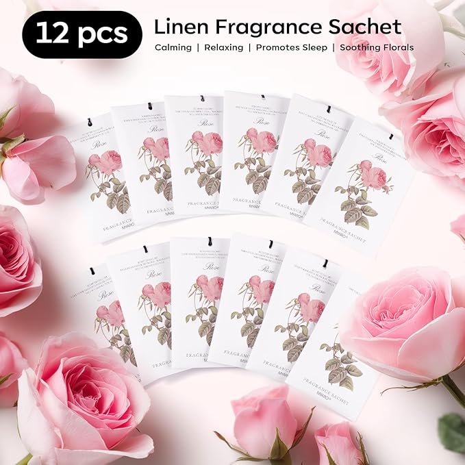 MYARO 12 Pcs Rose Scented Sachets Long Lasting Room Air Freshener Odor Deodorizer Eliminating for Home Drawer Closet Clothes Storage