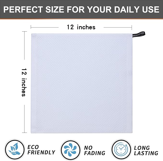 Kitinjoy 100% Cotton Kitchen Dish Cloths (12 X 12 Inches, White), 8 Pack Waffle Weave Ultra Soft Absorbent Dish Towels for Drying Dishes Quick Drying Kitchen Towels Dish Rags