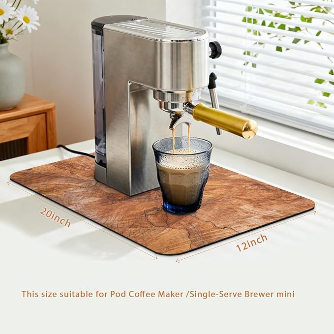 Coffee Machine Mat 20x12 Inch, Wood Grain Slices Design, Absorbent Hide Stain Rubber Backed Dish Drying Mat for Kitchen Counter, Bar Mats for Countertops, Under Coffee Bar Machine Pot Espresso Machine