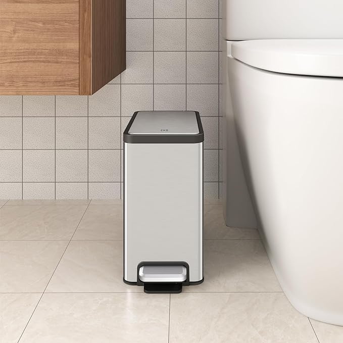 EKO 2 Pack Small Bathroom Trash Can with Lid Soft Close, Step Pedal, 6 Liter / 1.6 Gallon Stainless Steel Garbage Can with Removable Inner Bucket, Waste Basket for Bathroom, Bedroom