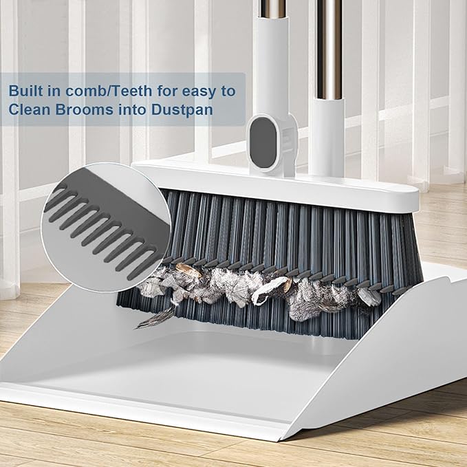 37.8in Broom and Dustpan Set Foldable Hand Broom for Home & Kitchen with Scraping Teeth and Scraper, 1 Wiper Buckle Type Outdoor Broom Household Cleaning Tool Apartment Essentials Cute Stuff (White)