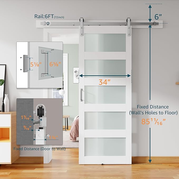 34'' x 84'' Glass Barn Door and 6 Ft Brushed Nickel Hardware Kit Included, MDF White Barn Door Slab with Frosted Glass, PVC Surface, Combined with Handle and Floor Guide-Assembly Required