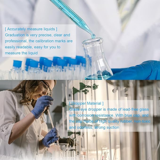 10ml Glass Pipettes Dropper, Lab Graduated Dropper for Liquid Essential Oil, Glass Transfer Pipette with Rubber Bulb and Cleaning Brush (2 pieces)