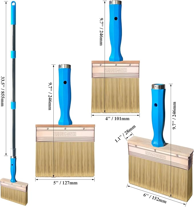 Deck Stain Brush, 3 PCS Wide Paint Brushes (4", 5", 6") for Faster Coverage with 1 Piece Extension Pole (33.5"), Stain Brushes for Wood, Deck, Walls, Fence and House