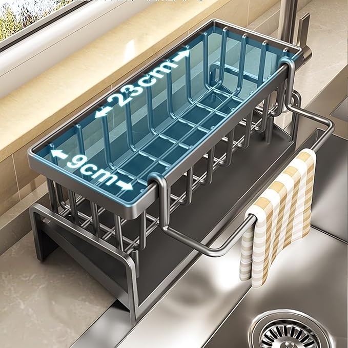 Kitchen Sink Organizer with Drain Tray, Sponge Holder, Brush Storage, Auto-Drying Rack for Dish Soap, Cleaning Tools, Countertop or Sink Caddy for Kitchen Decor