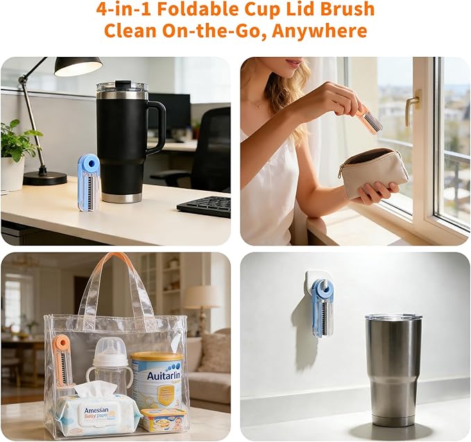 4 in 1 Cup Lid Cleaning Brush Set (3 Pcs, Blue,Orange,Beige) Foldable Cup Lid Cleaning Brush Set Folds in Completely Design