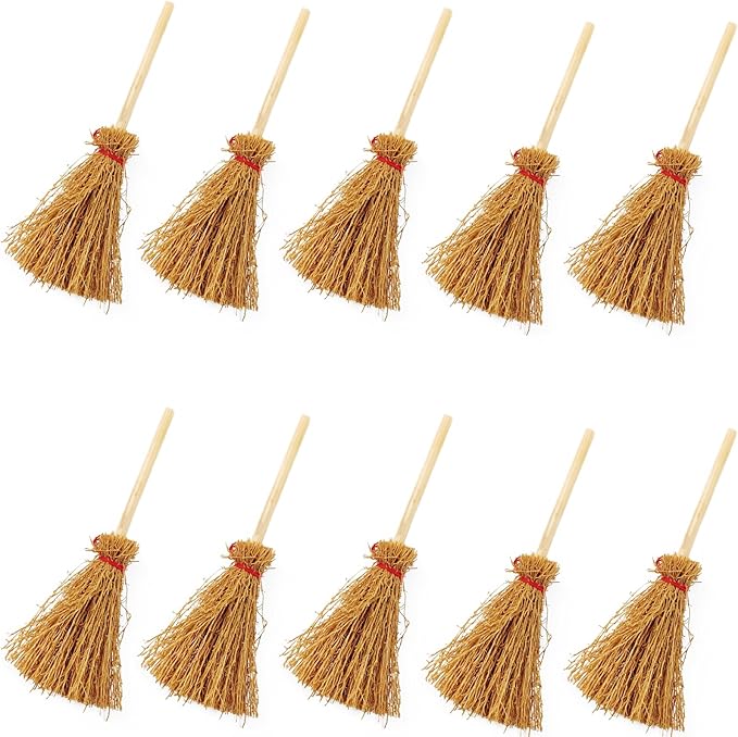GXXMEI 10PCS Mini Brooms, Witch Straw Brooms, Doll House Dollhouse Accessories Props Miniature Artificial, Mini Furniture Halloween Decoration Accessory for Costume Cosplay Party, Decorations