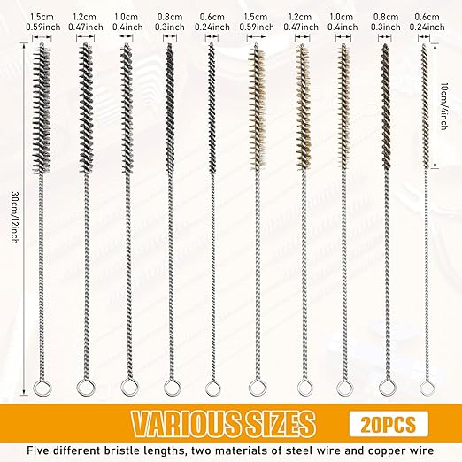 20 Pcs Wire Tube Brushes Bulk for Cleaning Pipe Tube Brass Stainless Steel Round Wire Brush for Auto Parts Christmas, Bottles, Tubes, 5 Sizes (Silver Gold)
