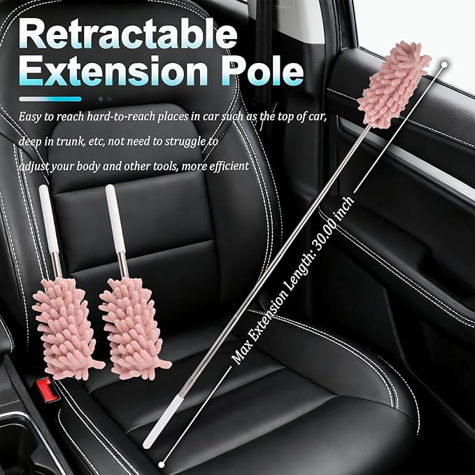 2PCS Car Duster Interior with Bendable Head & Retractable Extension Pole,Pink Microfiber Duster for Car Interior Detailing Cleaning,Universal Cars Interiors Dusters Cars Tools
