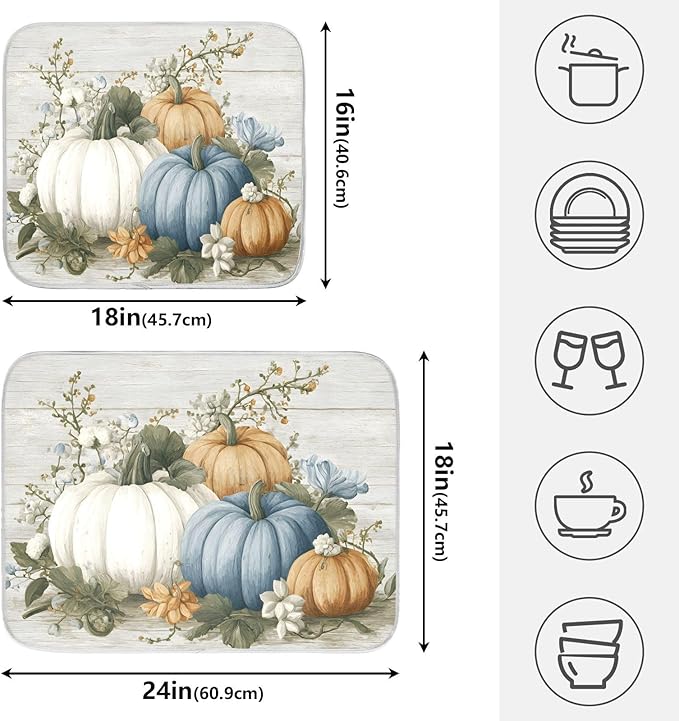 Fall Blue Orange Grey Pumpkin Thanksgiving Dish Drying Mat for Kitchen Counter Absorbent Microfiber Small Drying Pad Dish mats for Kitchen Countertops 16 x 18 Inch