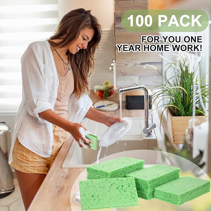Zhengmy 100 Pieces Sponges Kitchen Compressed Sponges Bulk Natural Dish Sponge Compressed Wood Pulp Cleaning Sponge Without Scratching for Kitchen Bathroom, 3.9 x 2.4 x 0.12 Inch (Green)