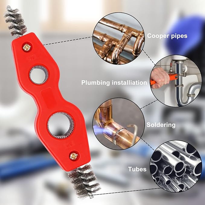 4-in-1 Copper Pipe Cleaner, 1/2 in & 3/4 in Cleaning Brush, Inner & Outer Thread Brush for Tubing, Brazing, Plumbing, Soldering