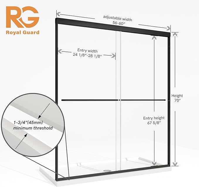 Royal Guard Double Sliding Shower Door,56-60" W x 70" H Semi-Frameless Sliding Glass Shower Door with 1/4'' (6mm) Clear SGCC Tempered Glass,Bypass Shower Enclosure,Matte Black