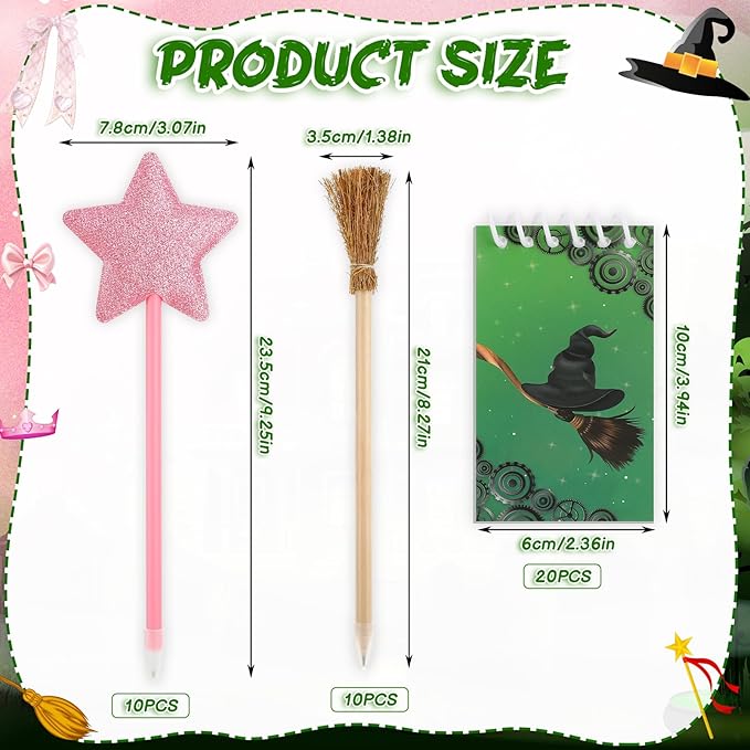40 Pcs Princess and Witch Party Favors Include 10 Witch Broom Pencils 10 Pink Star Ballpoints 20 Mini Notebooks for Wizard Birthday Witch Halloween Party Supplies