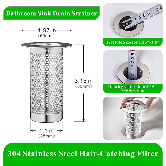 304 Stainless Steel Hair Catcher Bathroom Sink Drain Strainer Drain Filter (1 Piece, L-1)