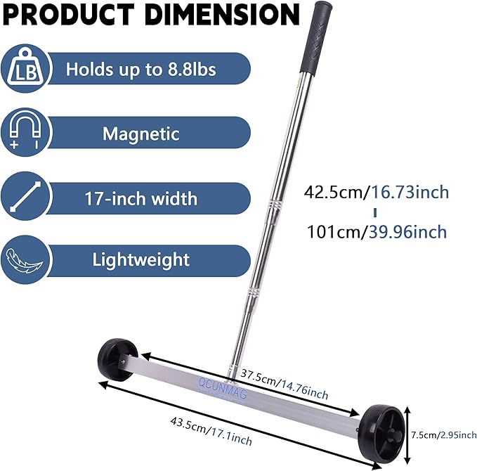 17-Inch Rolling Magnetic Sweeper with Wheels, Adjustable Handle, 8.8-Pound Capacity Heavy-Duty Magnet to Pick Up Nails