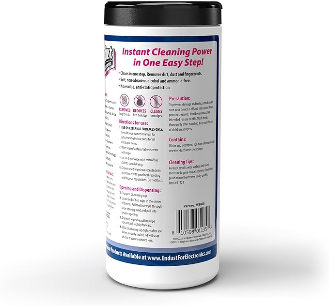 Endust Antistatic Premoistened Wipes for Electronics, Cloth, 6 x 6, Unscented, 70/Tub