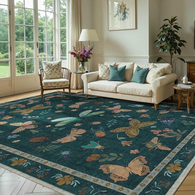 8x10 Washable Area Rugs for Living Room&Bedroom - Floral Boho Vintage Rug,Soft & Non-Slip,Low Pile Wool Carpet for Indoor Dining Room,Girls Room,Nursery Room and Kids Room(Teal)