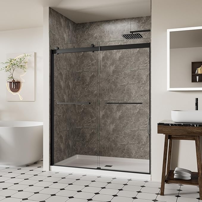 56-60" W x 74" H Frameless Shower Door, Double Sliding Shower Door with 5/16" (8mm) Clear SGCC Tempered Glass, Matte Black Finish Shower Doors, Reversible Installation