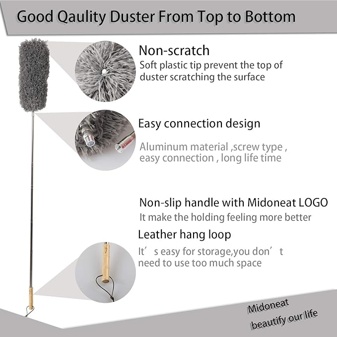 Lambswool and Microfiber Duster, 2 Counts, Long Reach/Extendable Duster Up to 86" for Cleaning High Ceiling Fan, Interior Roof, Cobweb, Keyboard, Furniture